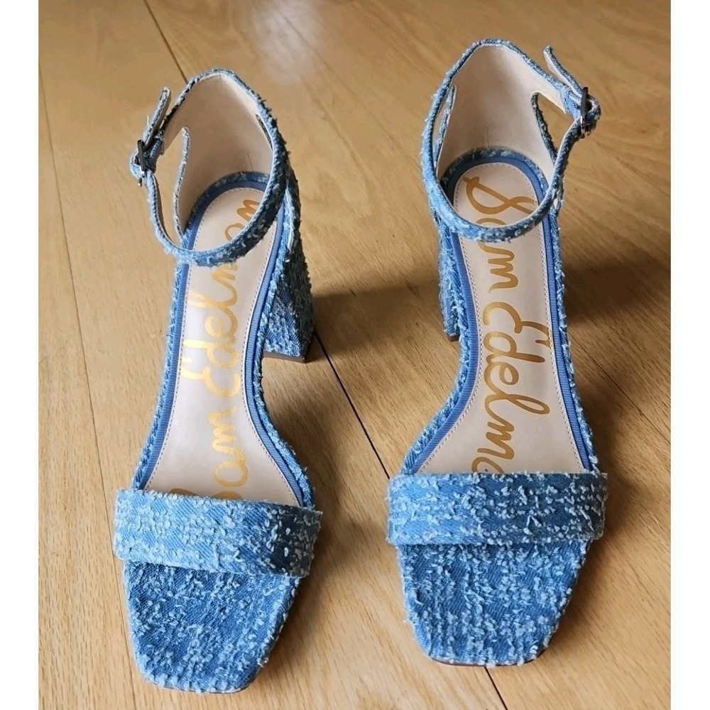 Sam Edelman Daniella Blue Distressed Frayed Denim Block Heel Sandals Womens 7.5 - Picture 1 of 10